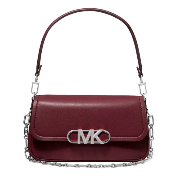 NWT $498 Michael Kors Parker Convertible Pochette Merlot Leather  Silver Logo - Picture 2 of 11